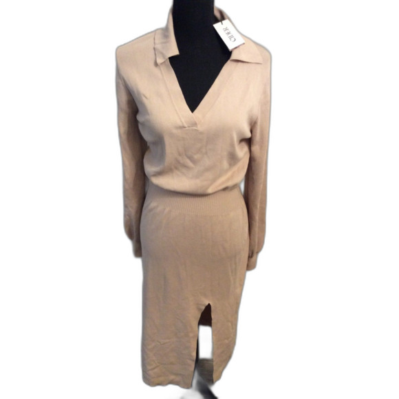 New NWT Cider Khaki Rib Knit Dress Long sleeve V neck Large - Picture 1 of 6